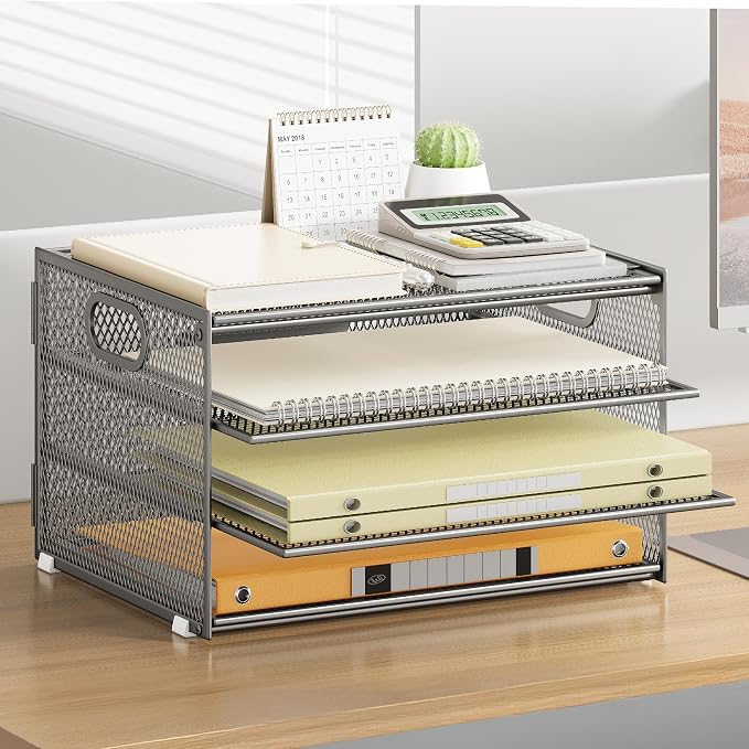 Subekyu Paper Letter Tray Organizer for Desk, Silver Metal Mesh Desk File Folder Sorter Organizer with Handle for Home Office School Supplies Organization - Image 3