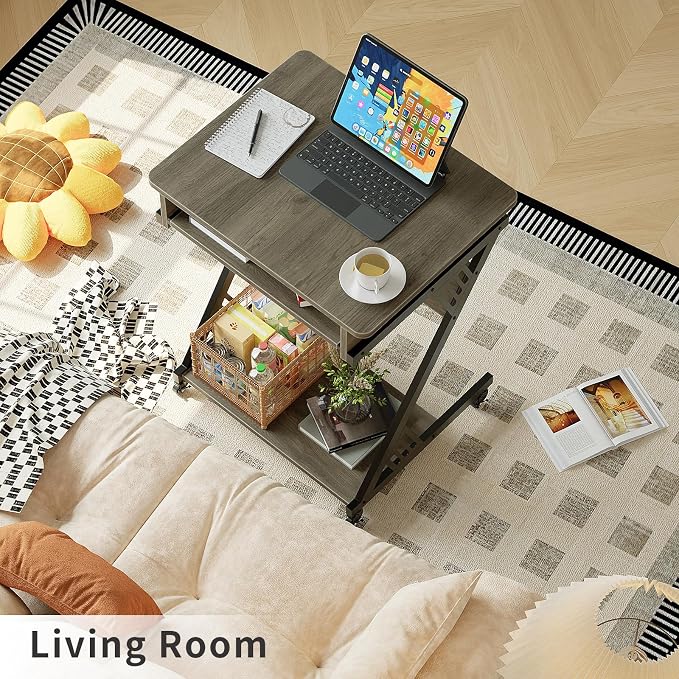 ALISENED Computer Desk for Small Spaces Compact Desk with Keyboard Tray | 23.6" Z-Shaped, with Wheels and Bottom Shelves, for Home Office, Computer Cart Mobile Laptop Cart, Grey - Image 2