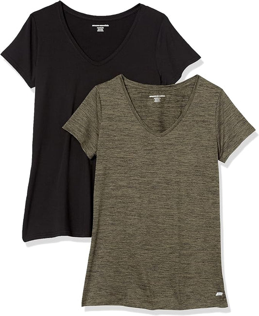 Amazon Essentials Women's Active Quick Dry Tech Stretch Short-Sleeve V-Neck T-Shirt (Available in Plus Size), Pack of 2 by AmazonEssentials