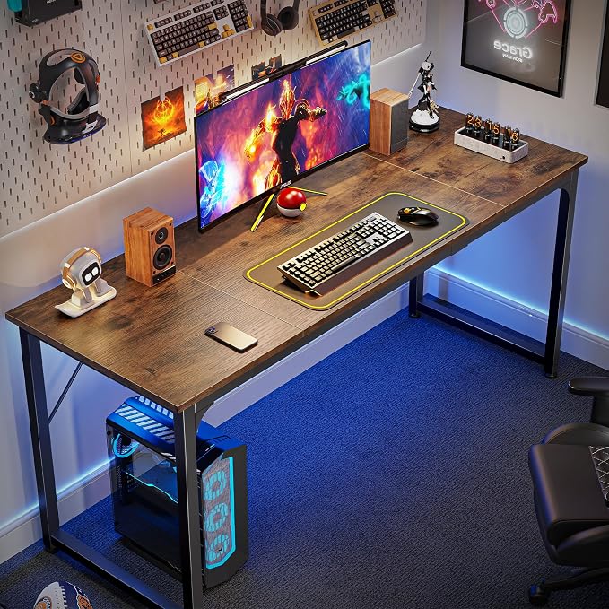 Huuger Computer Desk, 63 Inch Office Desk, Gaming Desk with Storage, Writing Desk Work Desk for Home Office, Study, Modern Simple Desk, Large Legroom, Metal Frame, Rustic Brown - Image 4