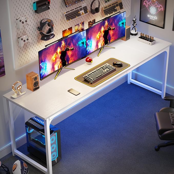 Huuger Computer Desk, 80 Inch Office Desk, Gaming Desk with Storage, Writing Desk Work Desk for Home Office, Study, Long Simple Desk, Large Legroom, Metal Frame, White - Image 4
