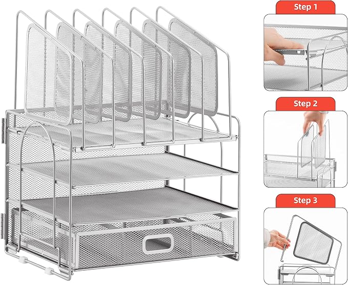 Marbrasse Desk Organizers, 4-Tier Mesh Desk File Organizer with 5 Vertical File Holders and 2 Pen Holders, Multifunction Desktop Organizer,Desk Organizers and Accessories for Home Office (Silver) - Image 7