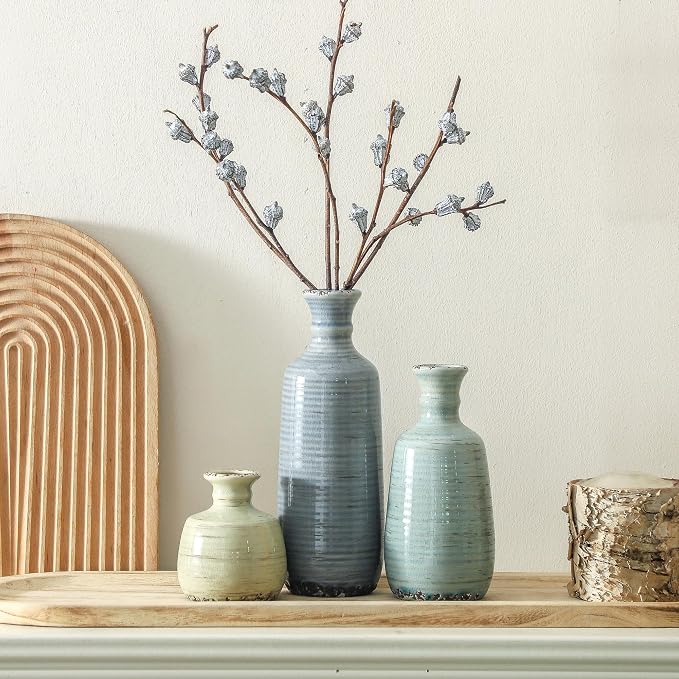 Ceramic Vase Set of 3, Rustic Neutral Vases Home Decor Farmhouse Decorative Flower Vase Modern Boho Pampass Vases for Table Mantel Entryway Shelf Living Room Kitchen Bathroom - Multicolor - Image 9