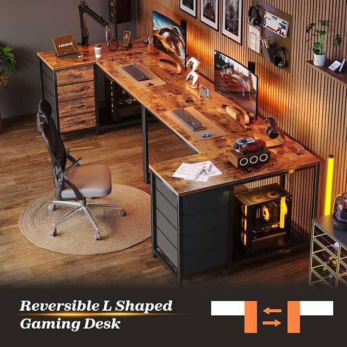 PRAISUN 43.3" Small Computer Desk with Power Outlets & USB-C Port, Reversible L Shaped Corner Office Desk with 4 Fabric Drawers and 2 Adjustable Storage Shelves, for Gaming Writing, Rustic Brown - Image 9