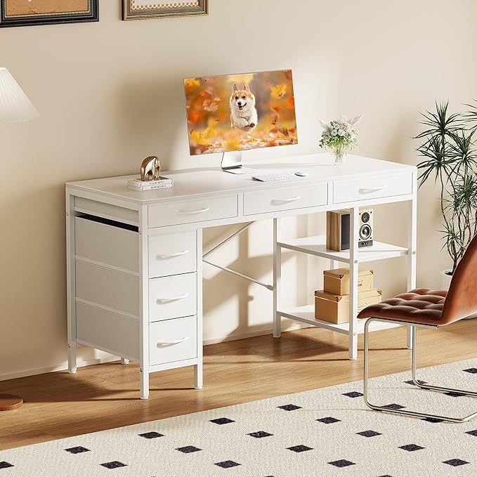 Sweetcrispy 55" Computer Desk with 6 Fabric Drawers & Storage Shelves | Reversible Gaming Desk, Office Desk, Computer Workstation, Corner Desk with Storag, Home Office, Living Room, White - Image 2