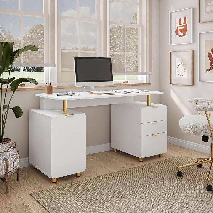 Techni Mobili 57"W Computer Desk w/ 3 Drawers & Storage Cabinet, White/Gold | Home office workstation, durable construction, everyday productivity, Ideal for home office, Workspace organization - Image 2