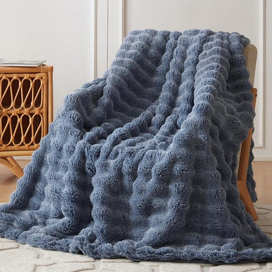COOVA Faux Fur Throw Blanket for Couch, Cozy Soft and Fuzzy Plush Rabbit Fur Bubble Blanket for Sofa Bedroom Living Room, 60x80 Inches Cationic Dark Blue by COOVA