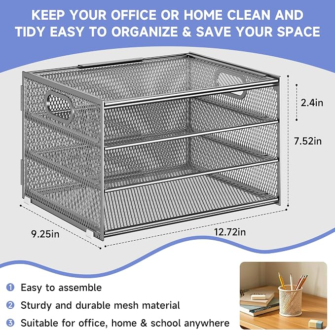 Subekyu Paper Letter Tray Organizer for Desk, Silver Metal Mesh Desk File Folder Sorter Organizer with Handle for Home Office School Supplies Organization - Image 2