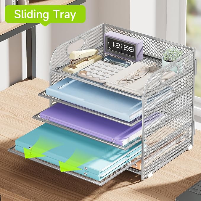 Cawukege 5 Tier Paper Organizer with Handle, Silver Metal Mesh Desk Organizer File Folder Paper Letter Tray Desktop Document Sorter for Classroom, School, Office Accessories Organization and Storage - Image 3