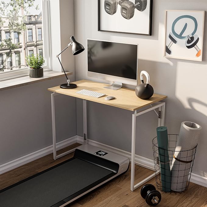 alawooder 39.4" Folding Desk: No Assembly, Wood Top for Small Spaces | 39.4 in dual-monitor workspace, holds 150 lbs, folds flat to 2.3 in, splash-proof top, home office or gaming - Image 5