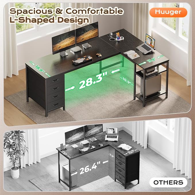 Huuger 55 Inch L Shaped Desk with Fabric Drawers, Reversible Computer Gaming Desk with Power Outlets and USB-C Port, Adjustable Side Storage Shelves, for Work Study Corner Home Office, Black - Image 8