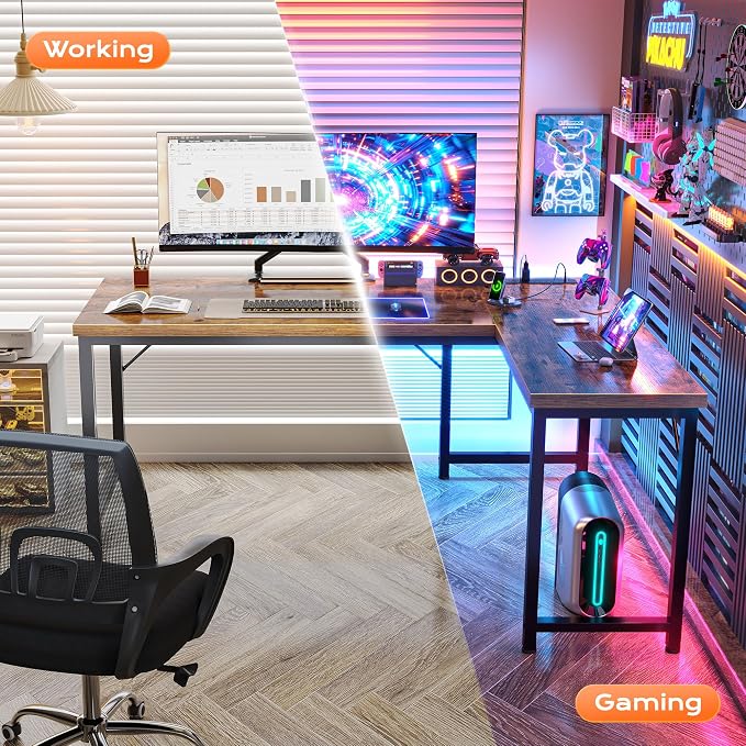 Huuger 55 Inch L Shaped Desk with Power Outlets and USB-C Port, 0.95 Inch Thicker Desktop, Reversible Computer Desk, Larger Office Corner Gaming Desk, Metal Frame, for Home Office, Study, Rustic Brown - Image 6