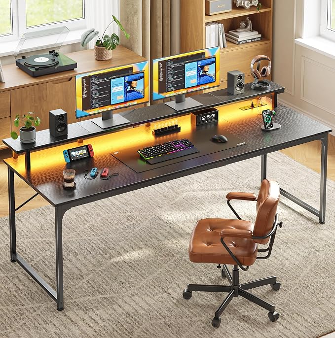 PRAISUN 63 inch Gaming Desk, LED & Power Outlets, Monitor Stand, Black | Sturdy PC Desk for Home Office, Study & Work, LED Lights, 4 AC Outlets & USB-C Charging Station - Image 2
