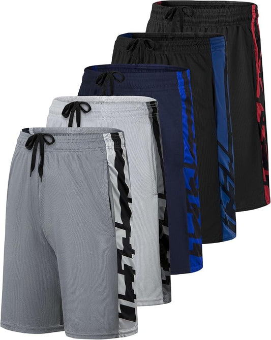 5 Pack Men's Mesh Shorts Athletic Basketball Sports Gym Workout Pockets | Cooling Moisture-Wicking, 9", Long, Quick-Dry, Breathable, Elastic Drawstring Waistband. Running, Exercise, Soccer, Training. by RealEssentials