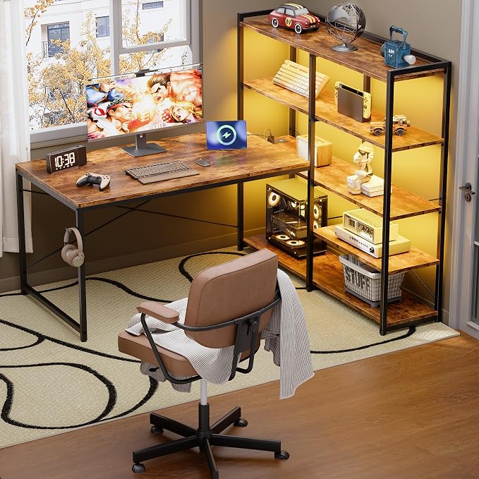 Pamray 49 Inch L Shaped Gaming Computer Desk with Shelves and Storage | Compact Reversible Design with LED Lights & Power Outlets, Suitable for Home Office Bedroom Small Spaces and Dorm Study Work by PAMRAY