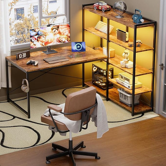 Pamray 49 Inch L Shaped Gaming Computer Desk with Shelves and Storage | Compact Reversible Design with LED Lights & Power Outlets, Suitable for Home Office Bedroom Small Spaces and Dorm Study Work by PAMRAY