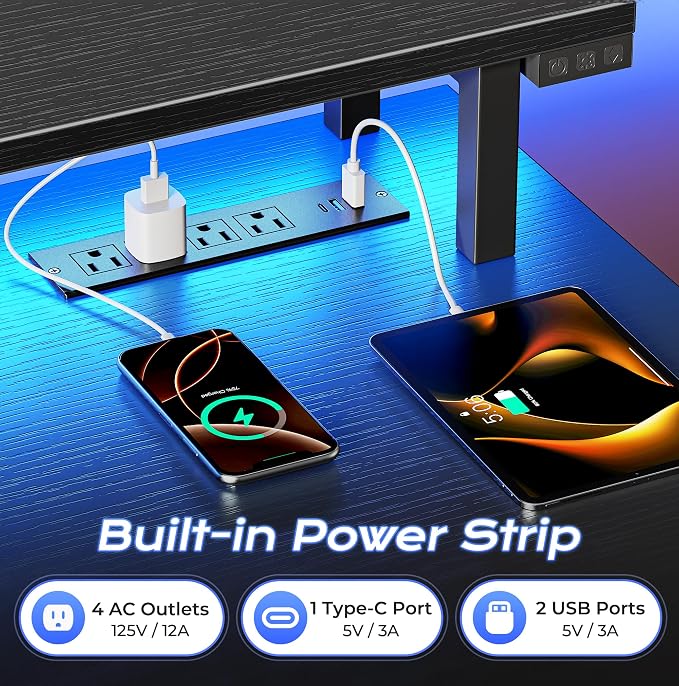 PRAISUN 55 inch Gaming Desk, LED & Power Outlets, Monitor Stand, Black | Sturdy PC Desk for Home Office, Study & Work, LED Lights, 4 AC Outlets & USB-C Charging Station - Image 5