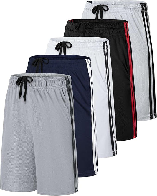 5 Pack Men's Mesh Shorts Athletic Basketball Sports Gym Workout Pockets | Cooling Moisture-Wicking, 9", Long, Quick-Dry, Breathable, Elastic Drawstring Waistband. Running, Exercise, Soccer, Training. by RealEssentials