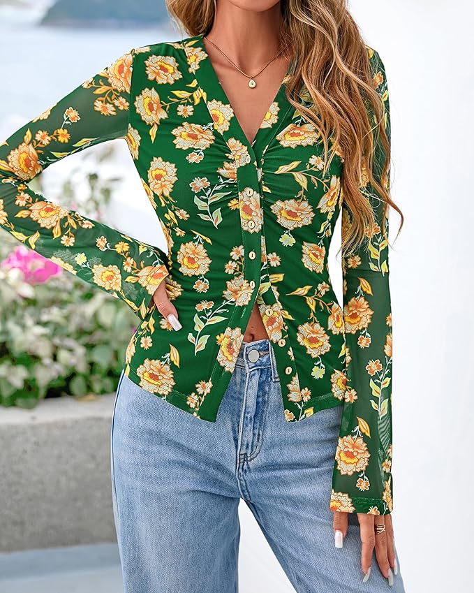 BTFBM Button Down Shirts for Women 2026 Fall Boho Tops V Neck Long Sleeve Blouses Ruched Mesh Fitted Fashion Clothing - Image 5