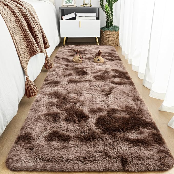 Tepook Fluffy Runner Rugs for Bedroom Aesthetic 2x6 Feet, Shag Soft Bedside Rug with Non-Slip Bottom, Fuzzy Plush Carpet for Room, Hallway Rug for Nursery Dorm Indoor Home Decor, Tie-Dyed Coffee - Image 8