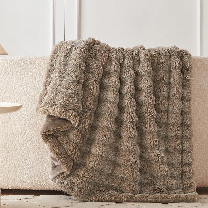 COOVA Faux Fur Throw Blanket for Couch, Cozy Soft and Fuzzy Plush Rabbit Fur Bubble Blanket for Sofa Bedroom Living Room, 60x80 Inches Cationic Brown - Image 4