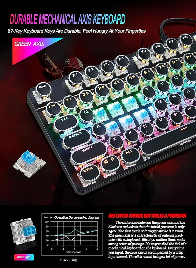 YSCP Typewriter Style Mechanical Gaming Keyboard Rainbow Backlit Wired with Blue Switch Retro Round Keycap 104 Keys Keyboard (L-Black) - Image 7