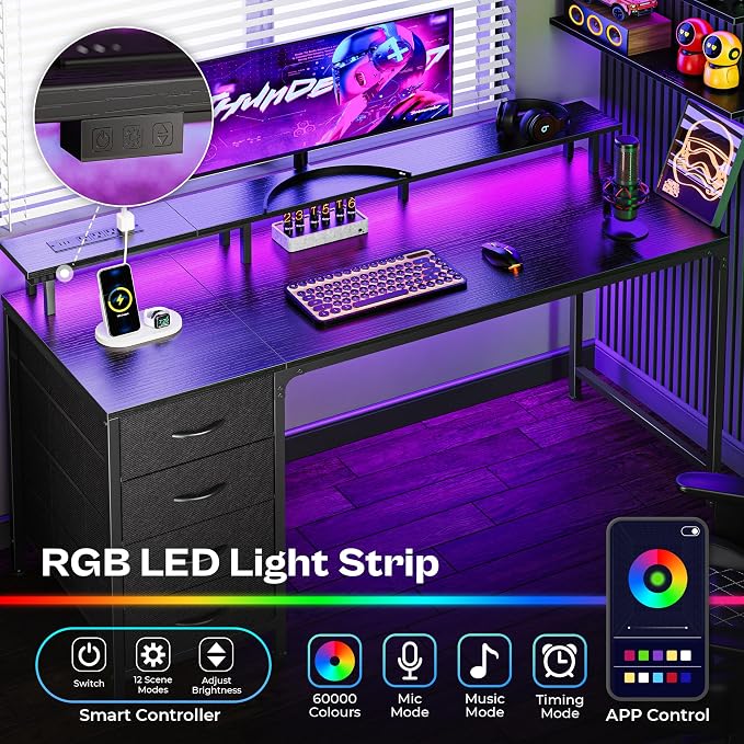 Huuger 55 Inch Computer Desk with Power Outlets and LED Lights, Gaming Desk with 4 Drawers, Office Desk with Monitor Stand, Study Work Home Office, Black - Image 4