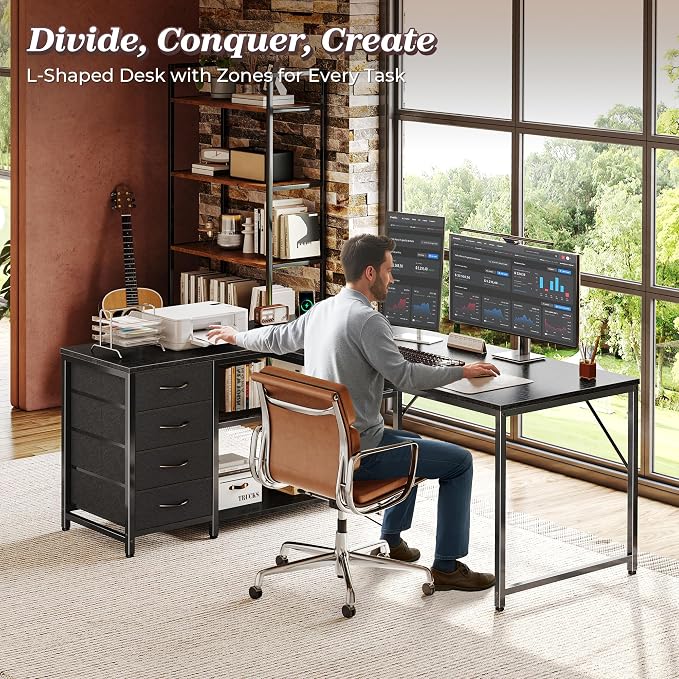 PRAISUN 53" L Shaped Desk with Power Outlets & USB-C Port, Reversible Computer Corner Office Desk with 4 Fabric Drawers and 2 Storage Shelves, Large Desk for Gaming Writing Work Study, Black - Image 3