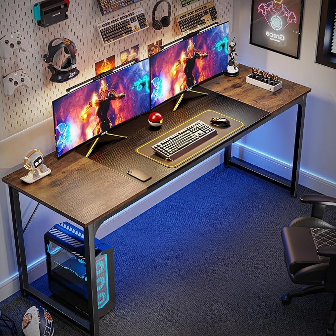 Huuger Computer Desk, 70 Inch Office Desk, Gaming Desk with Storage, Writing Desk Work Desk for Home Office, Study, Long Simple Desk, Large Legroom, Metal Frame, Rustic Brown and Black - Image 4
