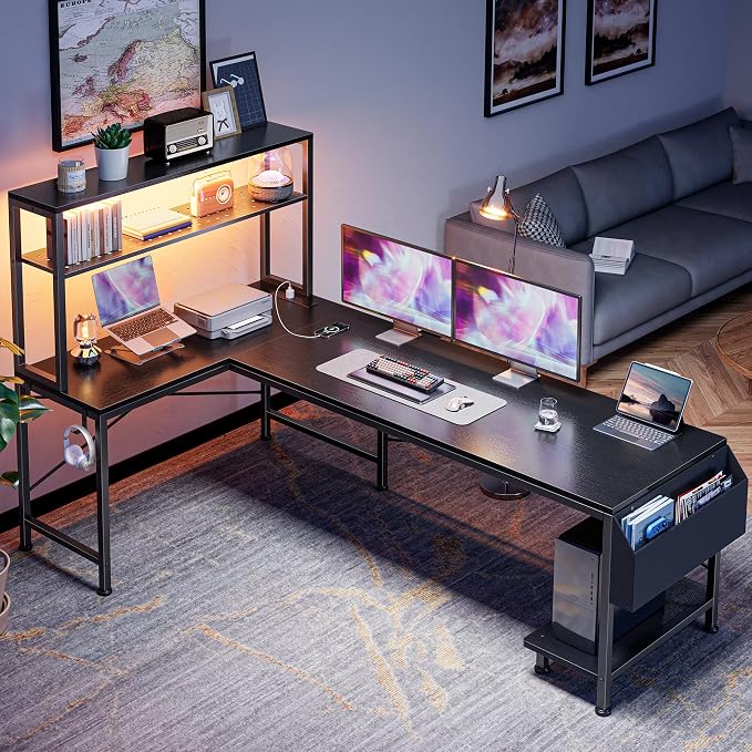 PRAISUN L Shaped Gaming Desk with LED Lights & Power Outlets, Reversible Computer Desk with Storage Shelves & Bag, Large Corner Home Office Desk with Pegboard for Work from Home, Black - Image 7