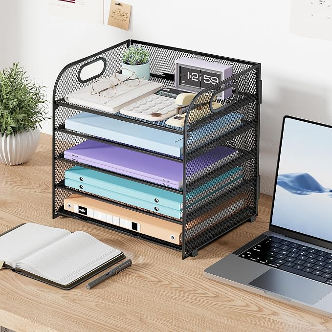 Cawukege 2 Pack 5 Tier Paper Organizer, Letter Tray with Handle, Mesh Desk Organizer, Metal File Organizer, Office Desk Accessories for Home, Office, Classroom, School -Black - Image 7