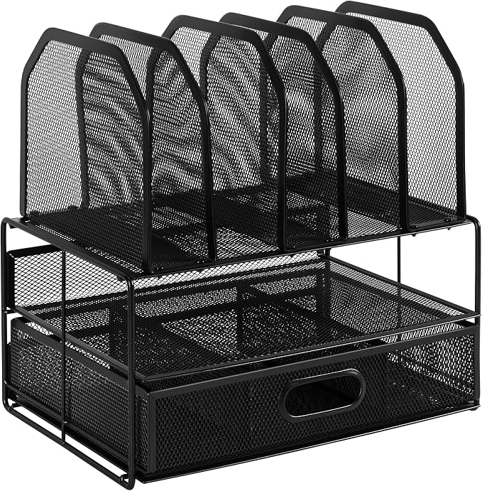 Amazon Basics Mesh Desk Organizer with Sliding Drawer, Double Tray and 5 Upright Sections, File Holder for Office Supplies, Paper Letter Tray, Black - Image 3