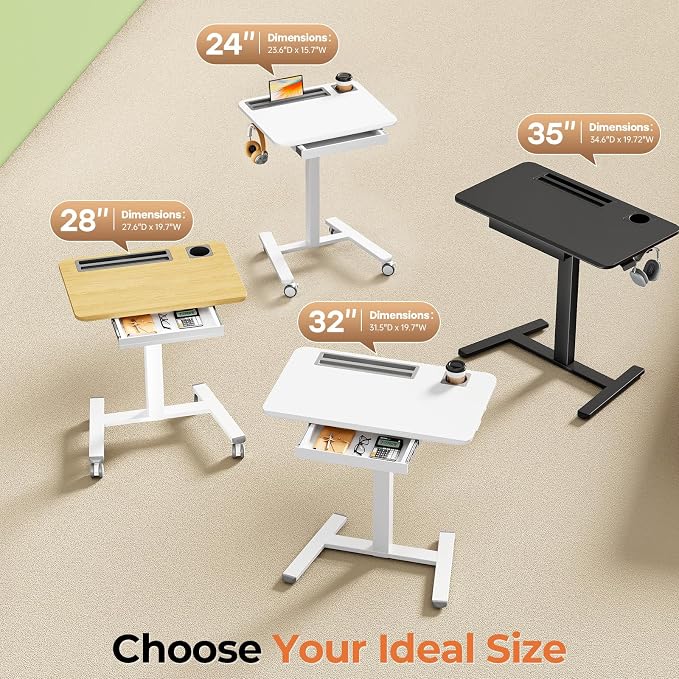 28" Mobile Standing Desk with Drawer, Portable Laptop Desk | Rolling Desk with Cup Holder & Hooks, Height Adjustable Computer Cart on Wheels for Classroom, Study Desk with Storage, Maple - Image 7