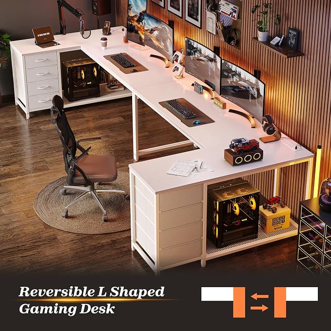 PRAISUN 61" L Shaped Desk with Power Outlets & USB-C Port, Reversible Computer Corner Office Desk with 4 Fabric Drawers and 2 Storage Shelves, Large Desk for Gaming Writing Study, White - Image 7