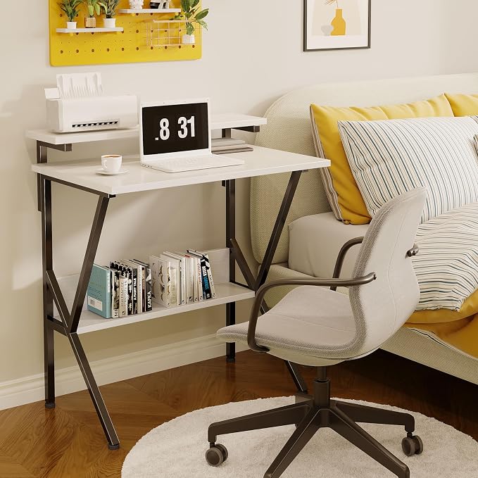 COTUBLR Small Desk, Small Computer Desk for Spaces, 27.5 Inch Computer Desk with Adjustable Monitor Stand, Compact Desk with Storage for Bedroom Home Office, White Tabletop+Black Frame - Image 2
