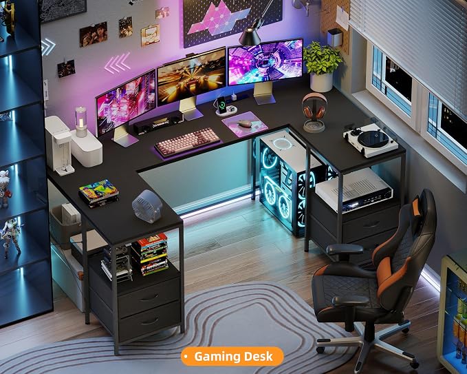 YOSHOOT 67" U Shaped Computer Desk, Reversible L Shaped Gaming Desk | Corner Desk with Power Outlets, 4 Drawers, 2 Storage Shelf, Computer Table with 4 Installation Methods, Black - Image 8