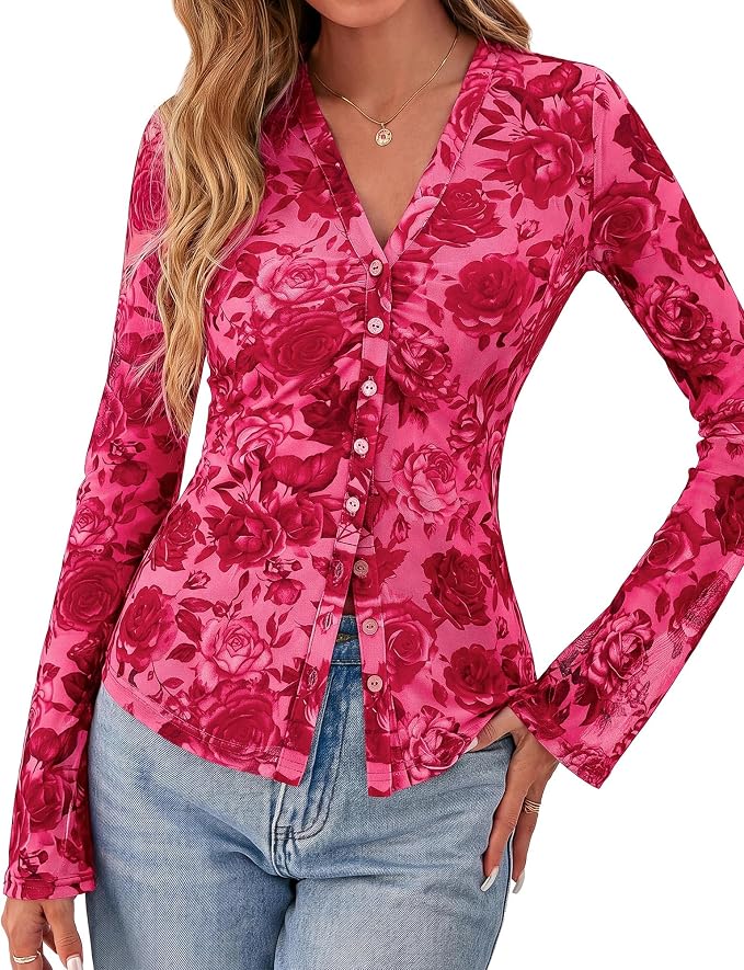 BTFBM Button Down Shirts for Women 2026 Fall Boho Tops V Neck Long Sleeve Blouses Ruched Mesh Fitted Fashion Clothing - Image 2