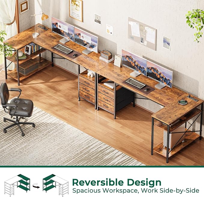 Huuger L Shaped Desk with Power Outlets, 63 Inch Reversible Computer Desk with 3 Drawers and Shelves, Home Office Table for Corner Work Study Writing Gaming, Rustic Brown - Image 4