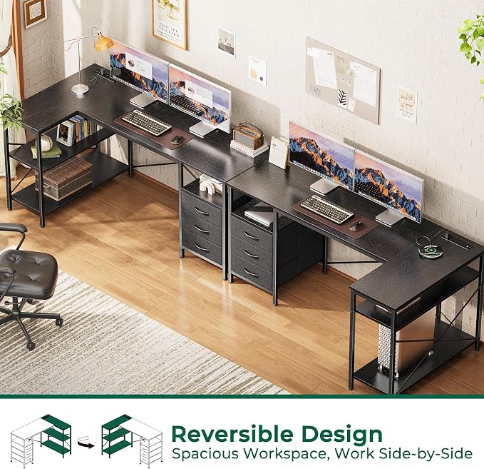 Huuger L Shaped Office Desk with Power Outlets, 55 Inch Computer Desk with 3 Drawers, Shelves, Reverisble for Gaming Corner Work Home Office Study, Black - Image 4