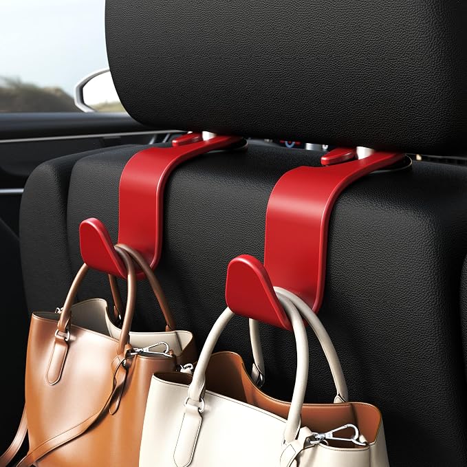 Amooca Car Seat Headrest Hook 4 Pack Hanger Storage Organizer Universal for Handbag Purse Coat Universal fit Vehicle Car S Type Red - Image 2