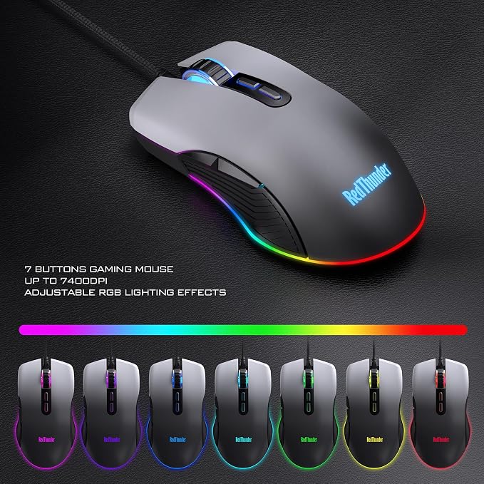 RedThunder K10 Wired Gaming Keyboard, Mouse Wrist Rest Combo, RGB Backlit, Mechanical Feel Anti-ghosting Keyboard + 7D 7200 DPI Mice+Soft Leather Wrist Rest 3 in 1 PC Gamer Accessories(Gradient Gray) - Image 6