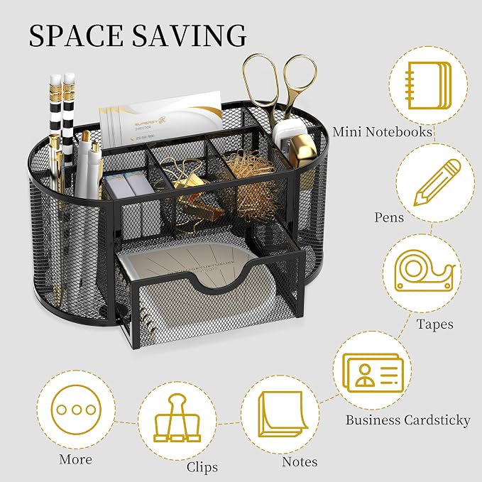 Mesh Desk Organizer with Drawer, 9-Compartment Pen Holder for Desk, Black | Pull-Out Drawer Stores Pens, Pencils, Clips, Notes, and Small Office or School Supplies in One Compact Desk Caddy - Image 4
