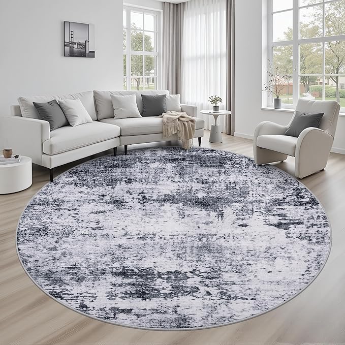 Round Area Rug for Living Room: 8 ft Washable Modern Abstract Soft Thin Rug Indoor Floor No Slip Stain Resistant Carpet for Bedroom Dining Room Farmhouse Nursery Home Office - Grey by FXRHLP