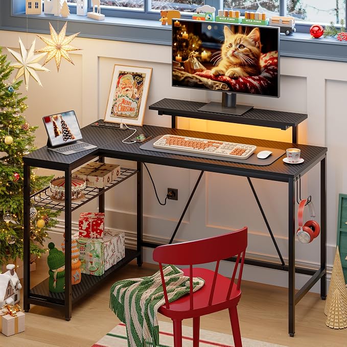 Bestier 52-Inch L-Shaped Gaming Desk with Charging & LED, Black | Charging 3AC+2USB, RGB LED 20 Colors/22 Modes, Reversible Shelves, Carbon Fiber Texture, Headphone Hook, 52 in - Image 6