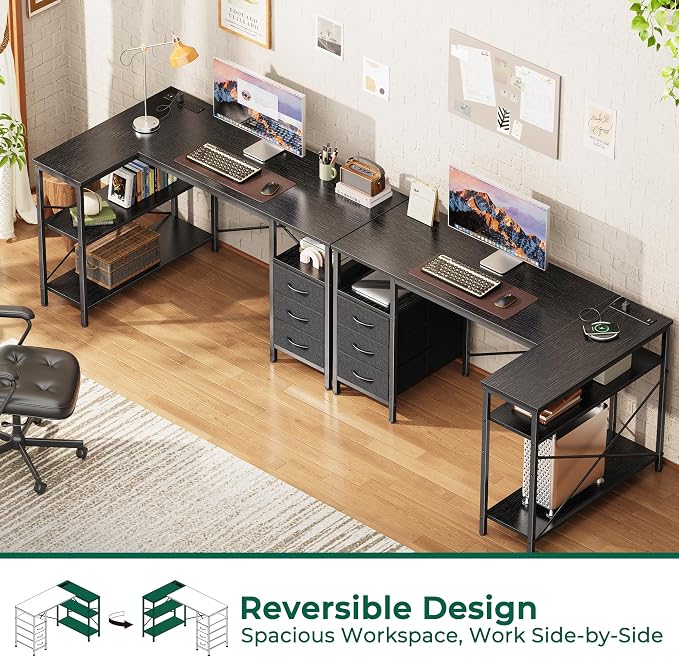Huuger L Shaped Office Desk with Power Outlets, 47 Inch Computer Desk with 3 Drawers, Shelves, for Gaming, Corner Work, Home Office, Study, Black - Image 4