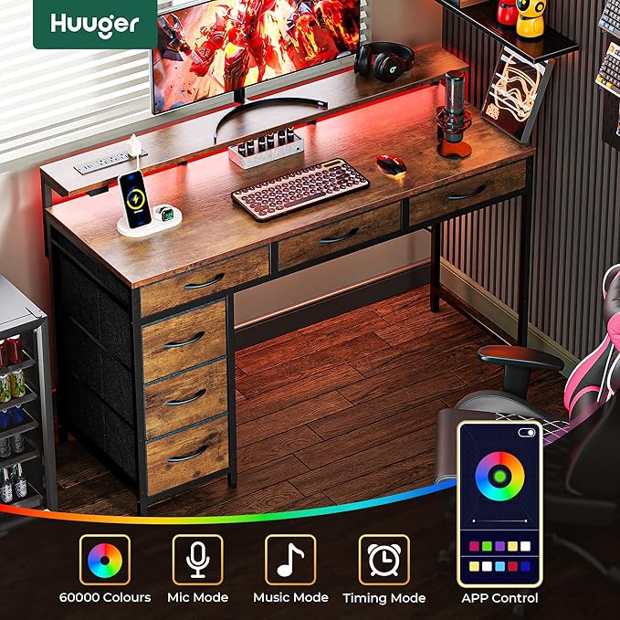 Huuger Gaming Desk with 6 Drawers, Computer Desk with LED Lights Power Outlets and Type-C, 47 Inch Office Desk with Storage, Monitor Stand, Writing Work Desk for Home Office, Rustic Brown - Image 4