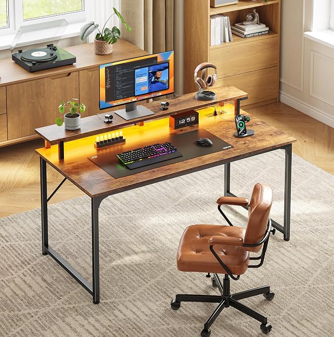 PRAISUN 40 inch Gaming Desk, LED & Outlets, Monitor Stand, Rustic Brown | Sturdy PC Desk for Home Office, Study & Work, LED Lights, 4 AC Outlets & USB-C Charging Station - Image 2