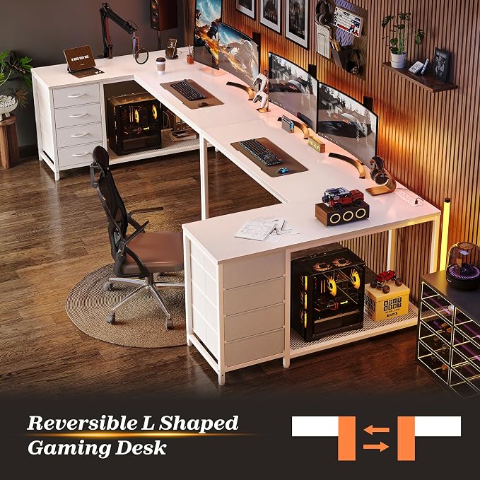 PRAISUN 53" L Shaped Desk with Power Outlets & USB-C Port, Reversible Computer Corner Office Desk with 4 Fabric Drawers and 2 Storage Shelves, Large Desk for Gaming Writing Work Study, White - Image 9