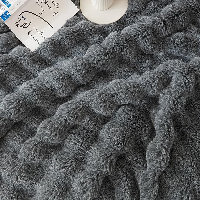 COOVA Faux Fur Throw Blanket for Couch, Cozy Soft and Fuzzy Plush Rabbit Fur Bubble Blanket for Sofa Bedroom Living Room, 50x60 Inches Cationic Light Grey - Image 5