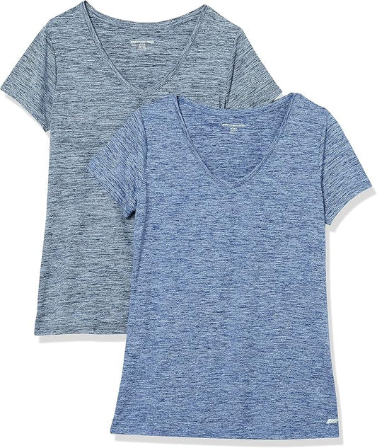 Amazon Essentials Women's Active Quick Dry Tech Stretch Short-Sleeve V-Neck T-Shirt (Available in Plus Size), Pack of 2 by AmazonEssentials
